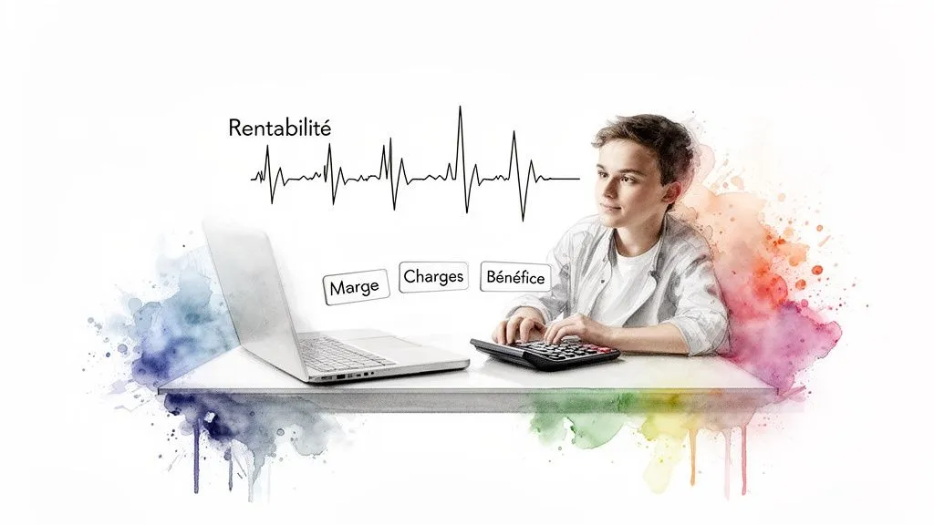 Young person calculating a company's profitability with a laptop, calculator and financial terms.