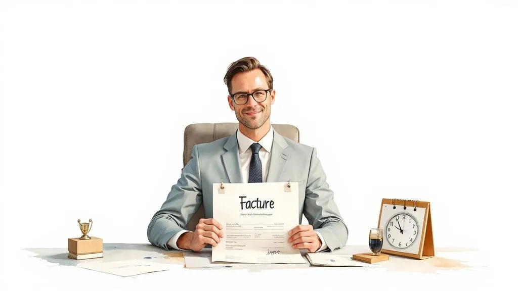 A smiling businessman in a suit and glasses presenting an invoice at his desk.