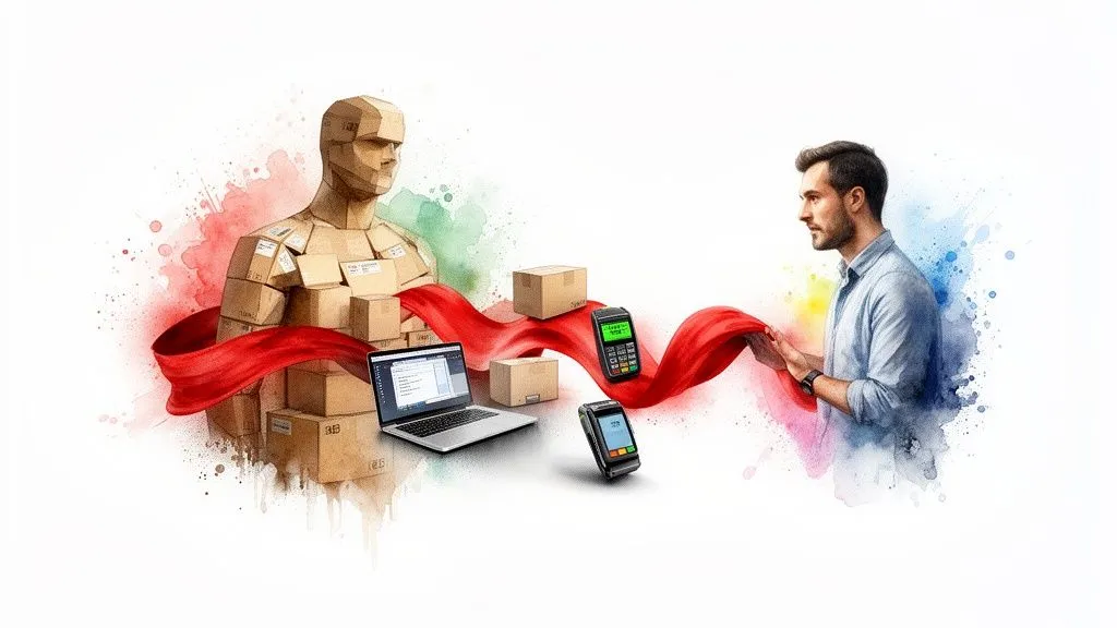 Cardboard figures and a man interacting with a red ribbon symbolizing logistics, e-commerce and payments.
