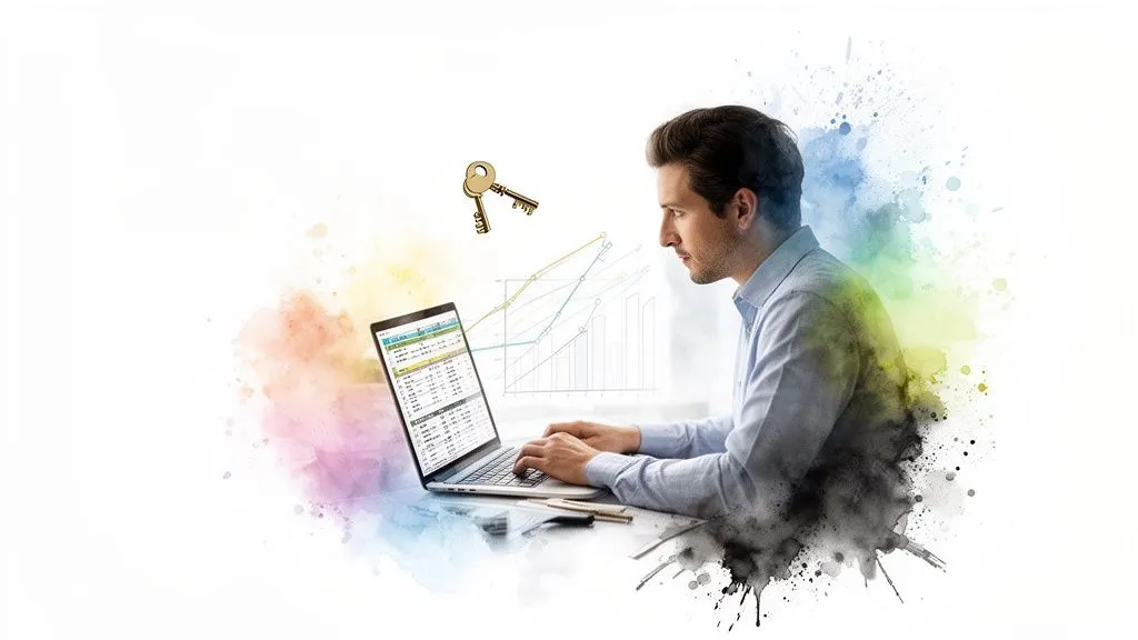 Man working on a laptop displaying data, with charts and keys, surrounded by colorful splashes.