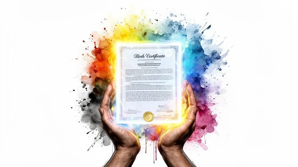Hands holding a glowing birth certificate against a background splashed with vivid colors.