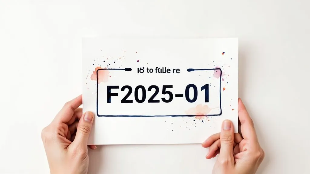 Two hands hold a white card displaying the text 'ló to fúlle re' and 'F2025-01' with watercolor splashes.