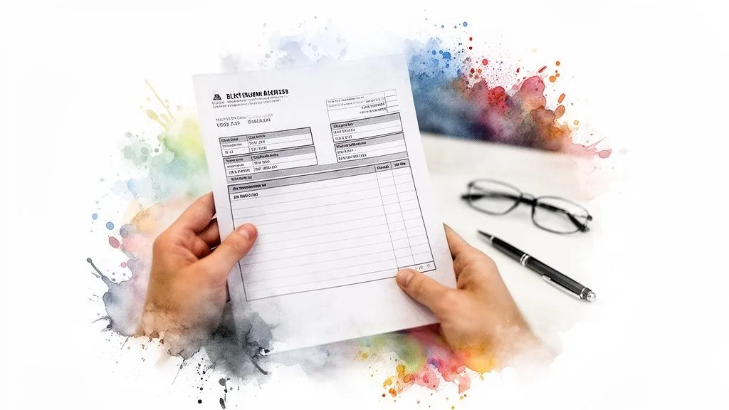 Hands holding a billing address document on a colorful abstract background with glasses and a pen.