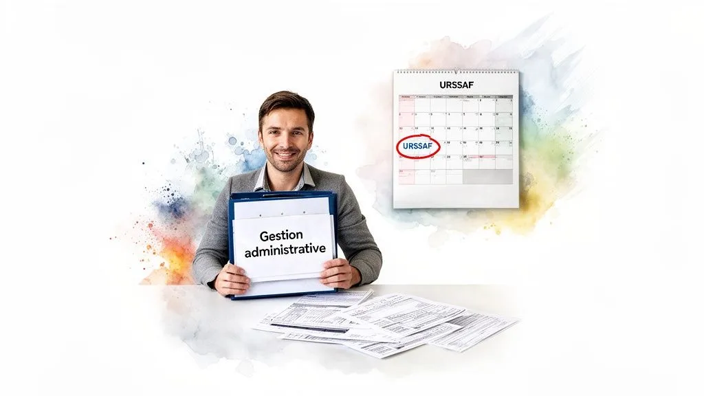 A smiling man presents an "Administrative Management" folder next to a URSSAF calendar.