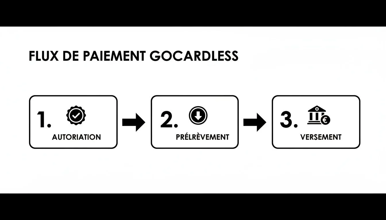 GoCardless payment flow explaining the steps of authorization, collection, and disbursement.