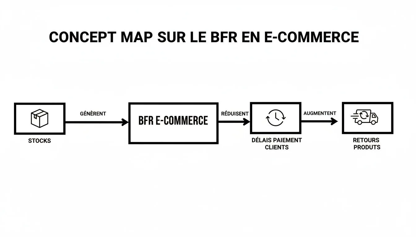 Conceptual map illustrating the relationship between inventory, working capital, customer payment delays and product returns in e-commerce.