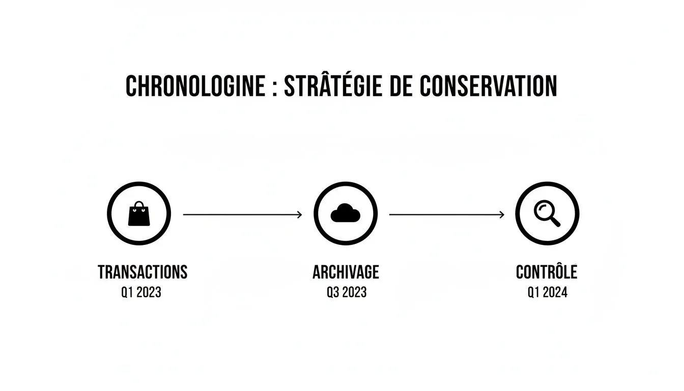 Timeline illustrating the accounting document retention strategy: transactions (Q1 2023), archiving (Q3 2023), audit (Q1 2024).