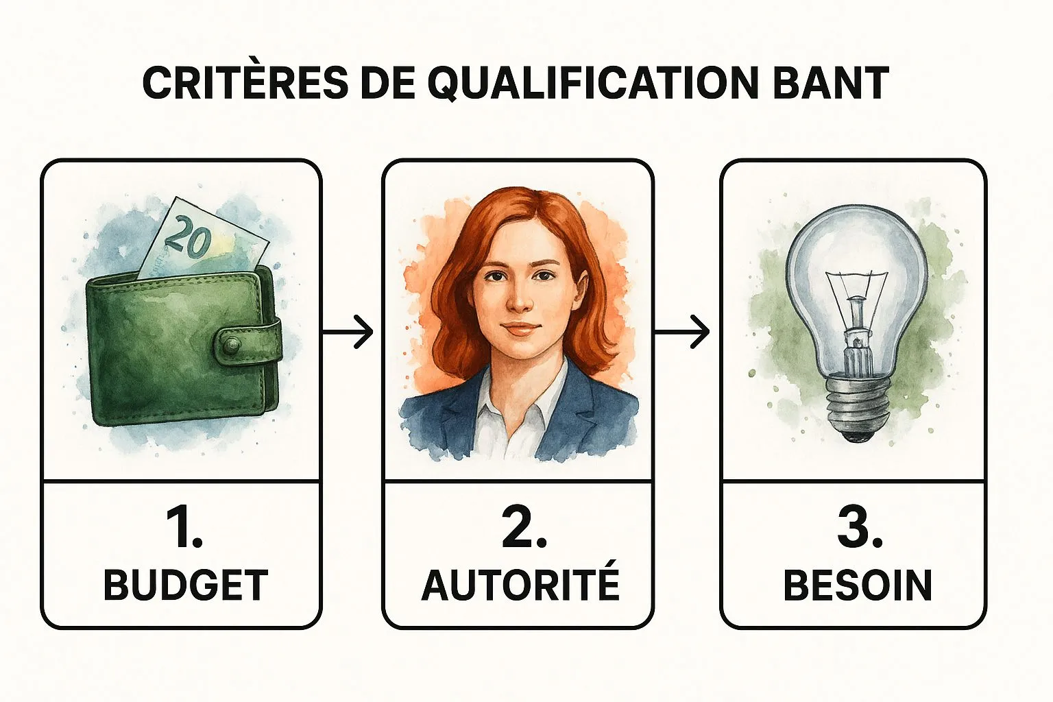 Infographic showing key data about the BANT Prospecting Plan (Budget, Authority, Need, Timeline)