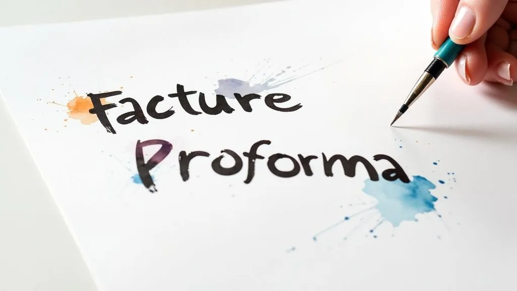 A hand writes the words "Proforma Invoice" on white paper with colorful watercolor splashes.