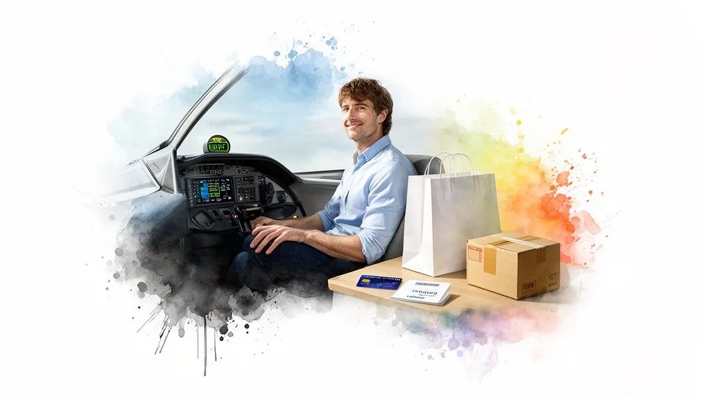 A smiling man in a plane cockpit with online purchases and a bank card.