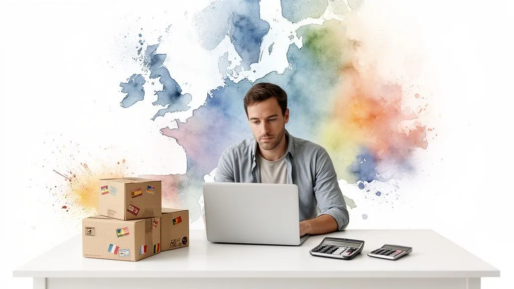 A man works on a laptop, with international parcels and calculators on a desk, against a watercolor map of Europe.