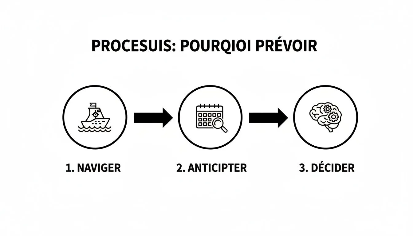 Explanatory diagram of the three-step planning process: navigate, anticipate, decide.