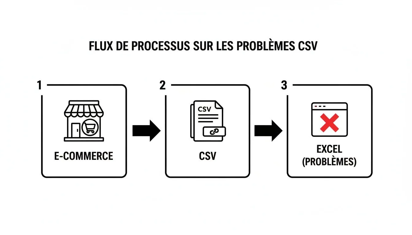 Flow diagram illustrating the process of CSV file issues, from e-commerce to Excel.
