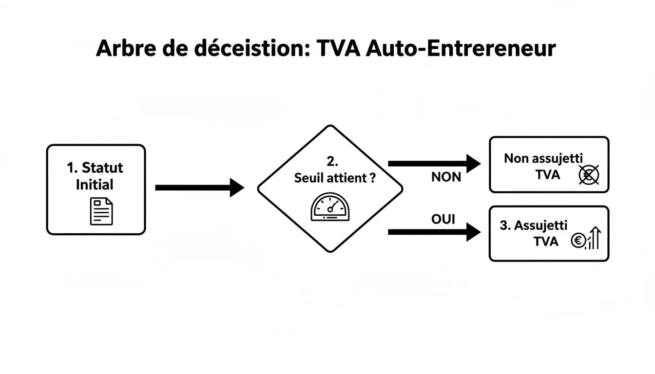 Decision tree explaining VAT for a sole trader, switching between non-liable and liable depending on the threshold reached.