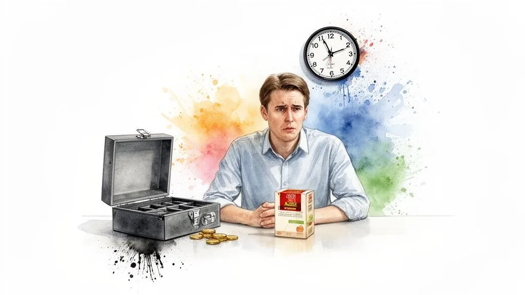 A stressed man in front of an empty cash register, a few coins and a clock, symbolizing late payment penalties.