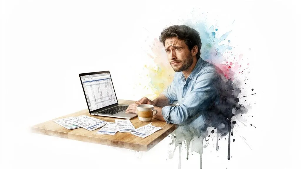 A worried man reviews documents and accounting software on his laptop.