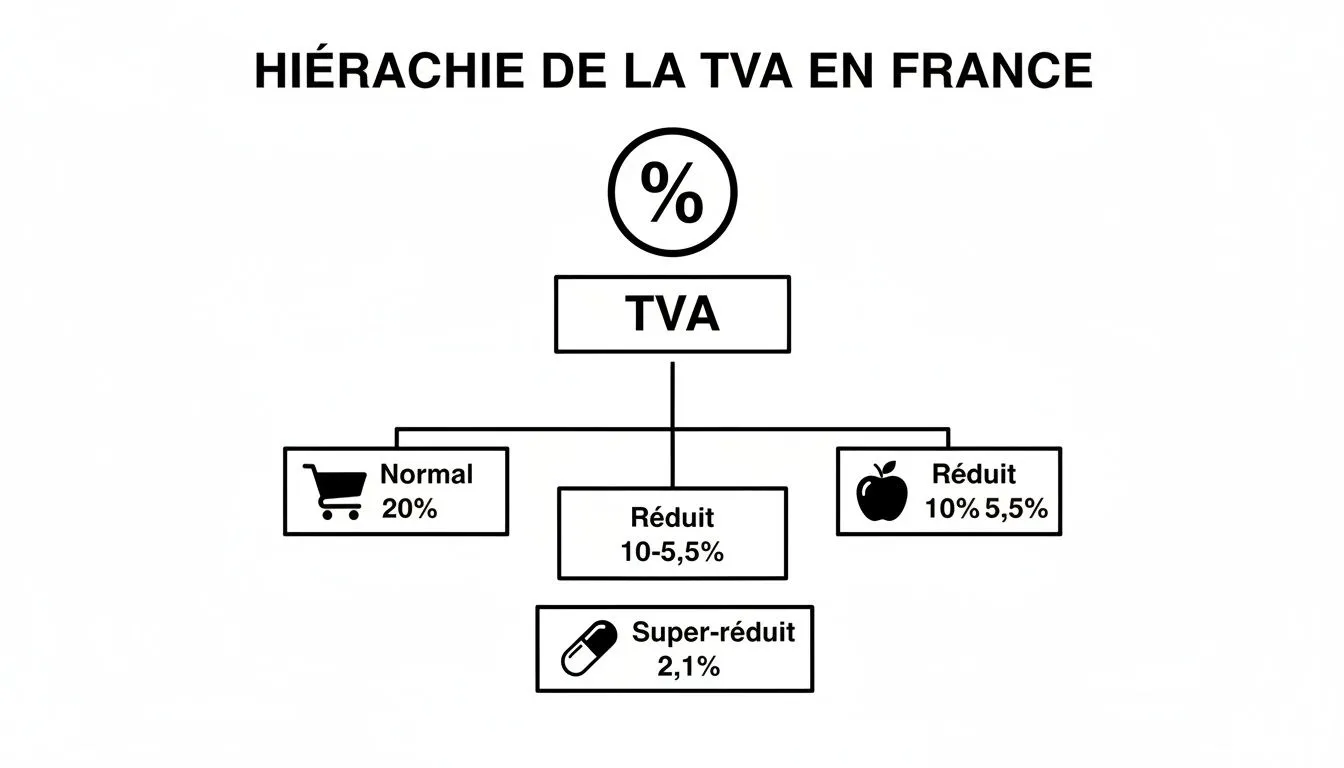 Hierarchical diagram of VAT rates in France, including standard, reduced, and super-reduced rates for various goods and services.