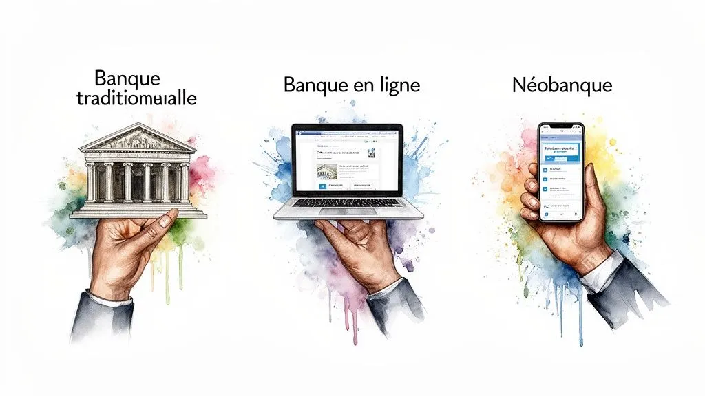 Three hands presenting a traditional bank building, a laptop for online banking, and a smartphone for a neobank.