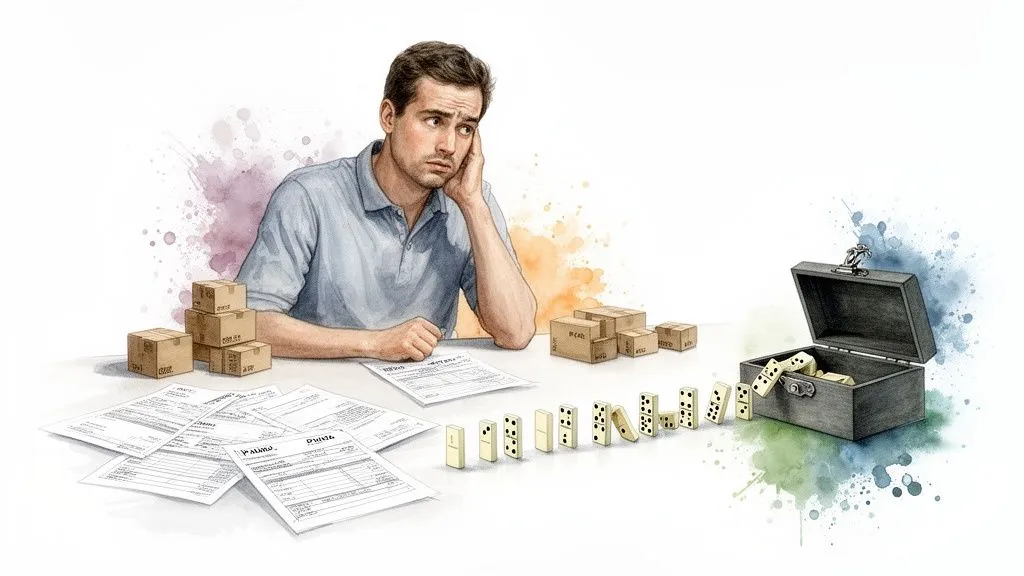 A man worried about documents, boxes, and falling dominoes, symbolizing stress and its consequences.