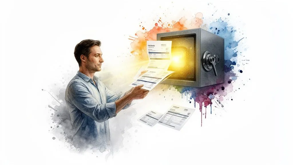 A man scans important documents into a digital vault, symbolizing data security.