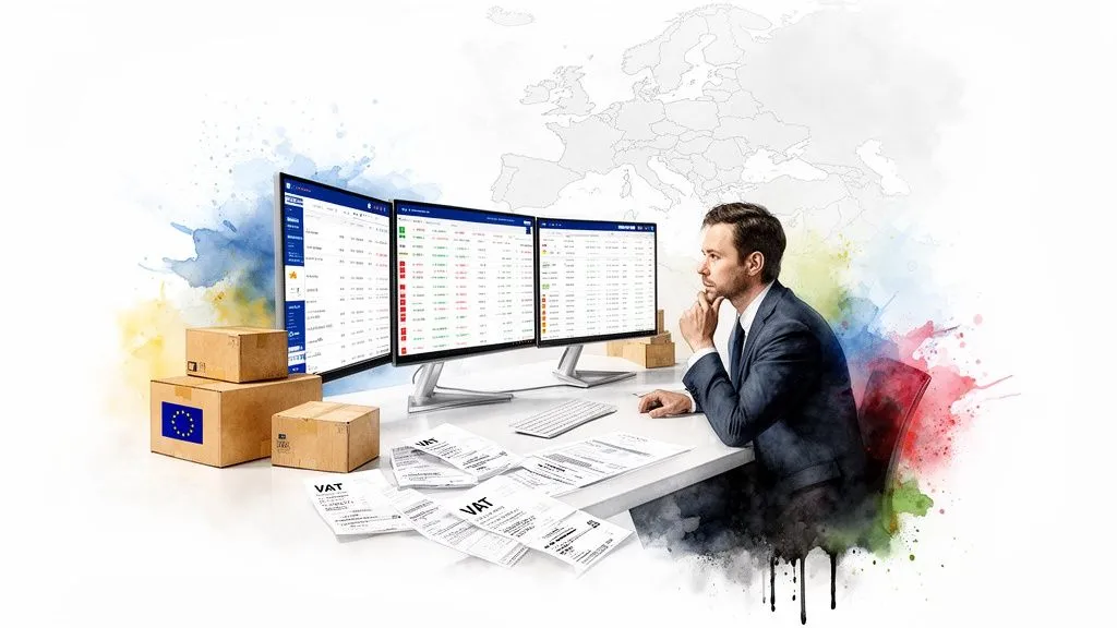 A businessman in front of three computer screens, boxes and VAT documents, with a map of Europe in the background.