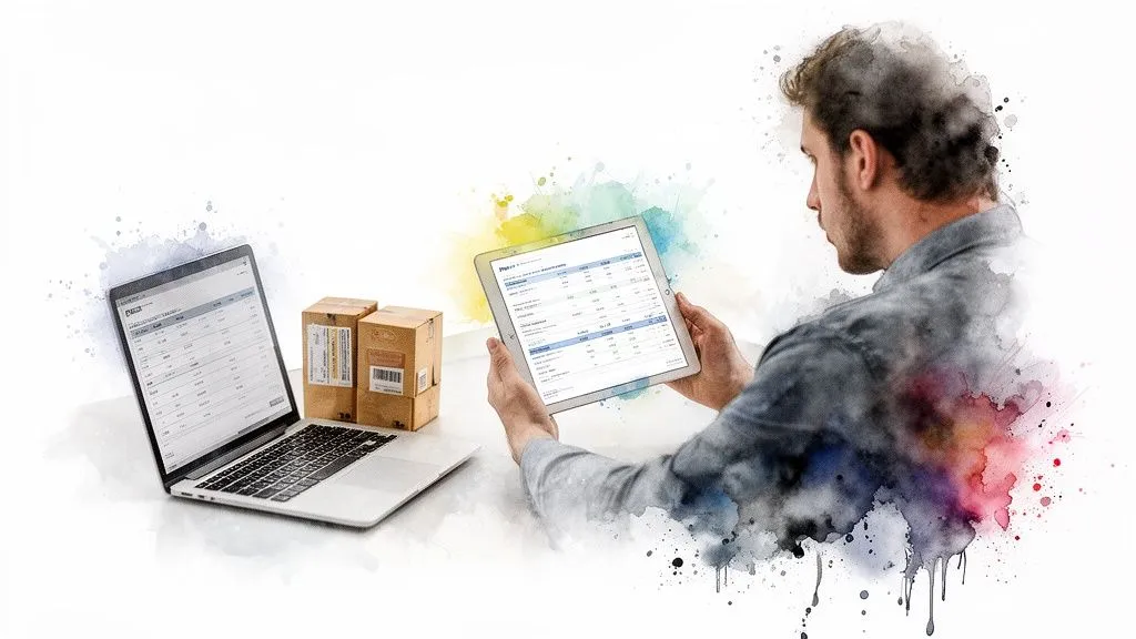 A man reviews management data on a tablet and laptop near cardboard boxes, with a watercolor effect.