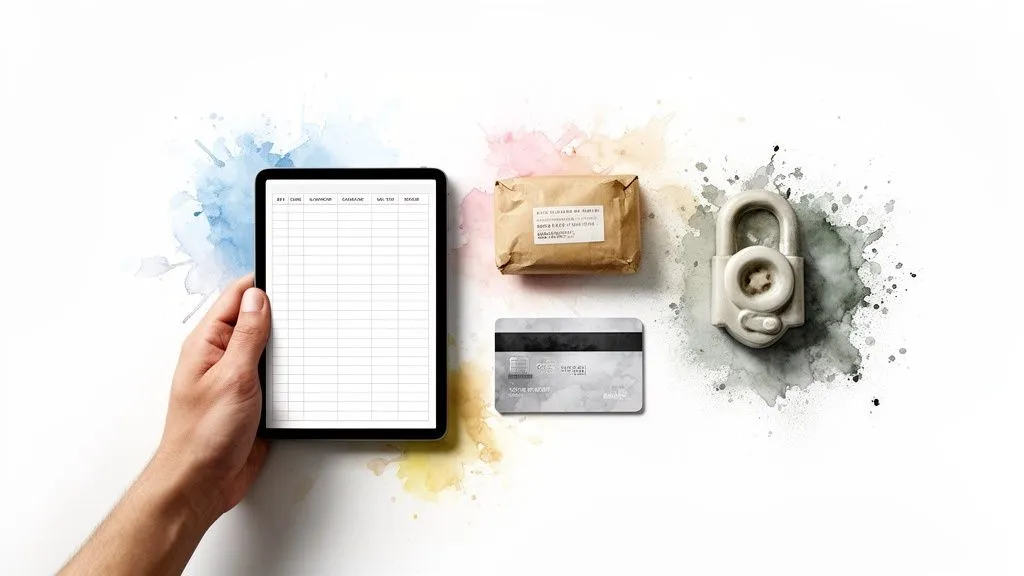 A hand holds a tablet displaying an account ledger, next to a parcel, a bank card and a padlock on an abstract background.