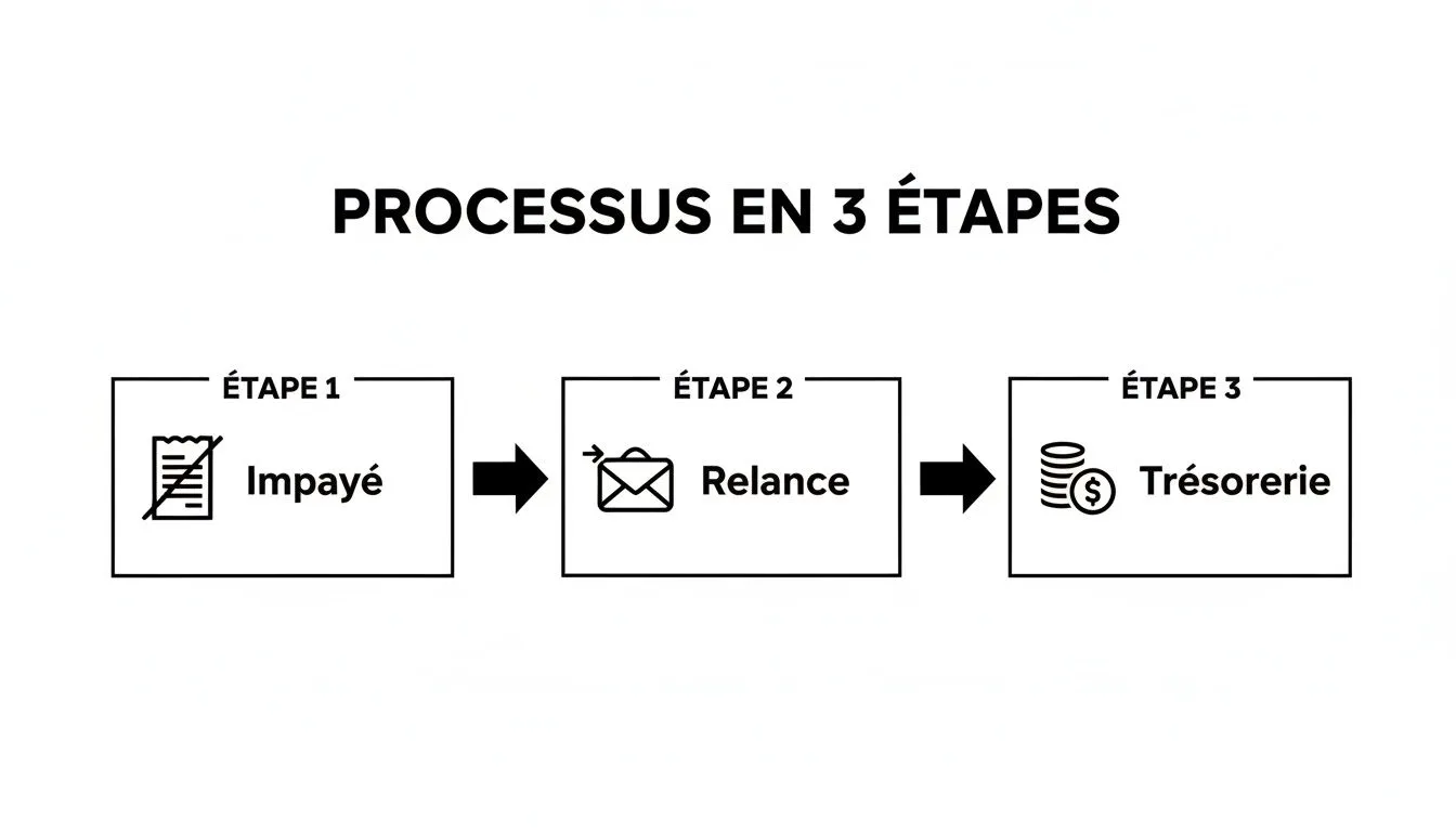 Diagram illustrating the 3-step process for managing unpaid invoices: unpaid invoice, payment reminder, cash flow.