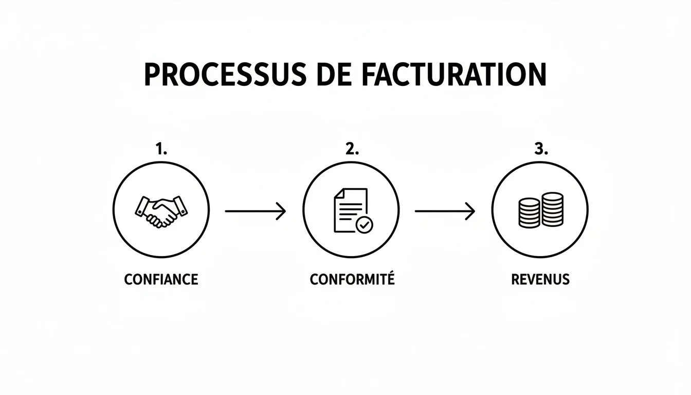 Infographic of the invoicing process showing three key steps: trust, compliance and revenue, with associated icons.