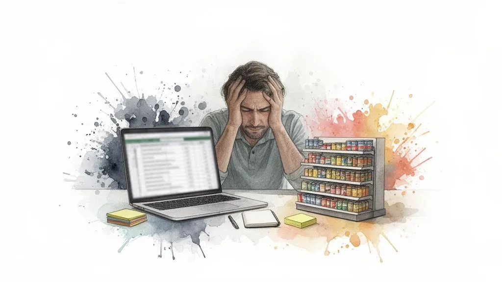 Stressed man in front of a laptop displaying a spreadsheet and a shelf of various products, watercolor style.