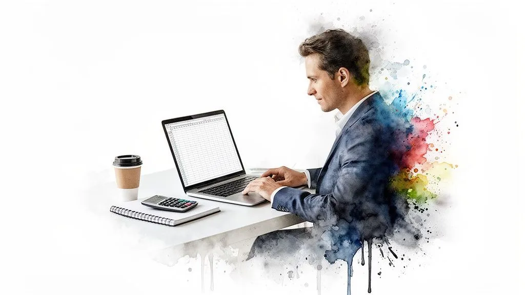 A professional man works on a laptop with a spreadsheet, surrounded by colorful paint splashes, representing creativity.