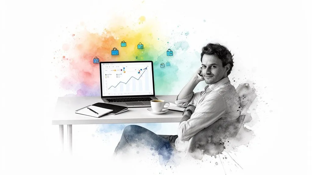 A smiling young man works on his laptop displaying growth data, against a colorful background.