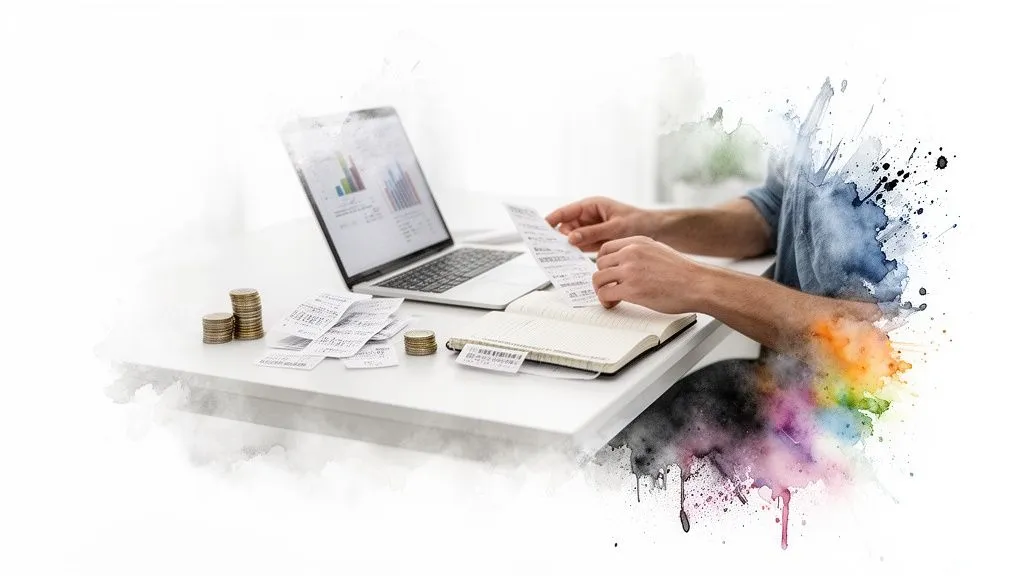 Person managing finances with receipts, laptop, and coins on a white desk.