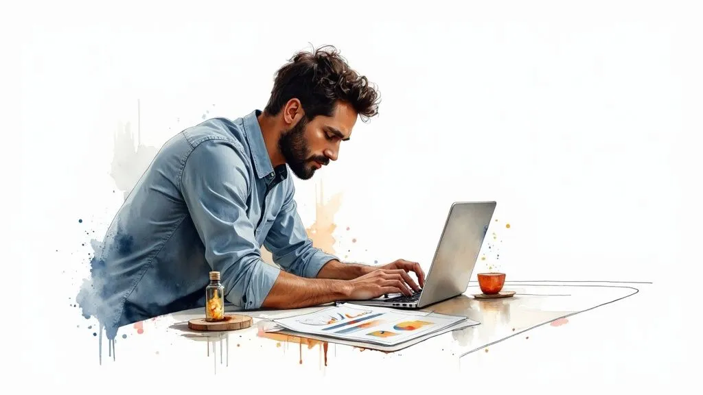 A bearded, focused man works on a laptop, with documents and a cup of tea on a stylized white desk in watercolor style.