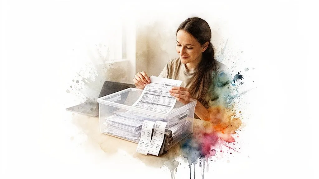 A smiling young woman sorts and reviews financial documents and receipts in a box.
