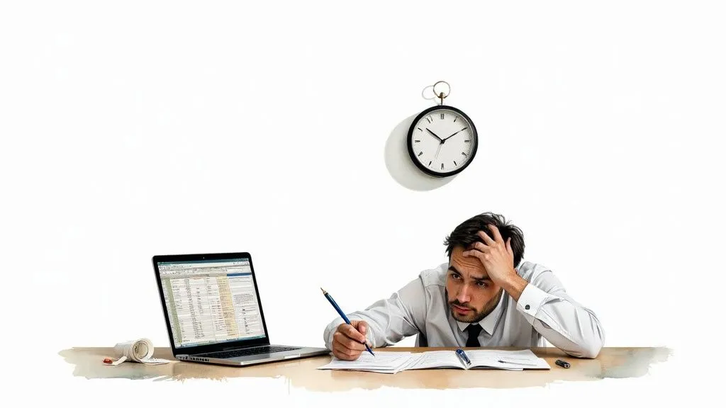 A stressed employee surrounded by receipts and spreadsheets on their desk.