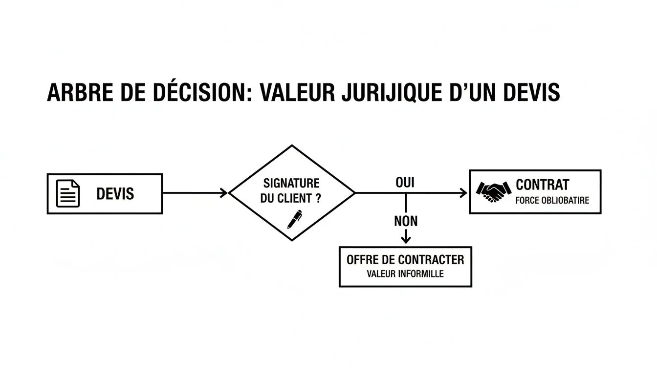 Diagram explaining whether a signed quote becomes a binding contract or remains an informal offer, illustrating its legal value.