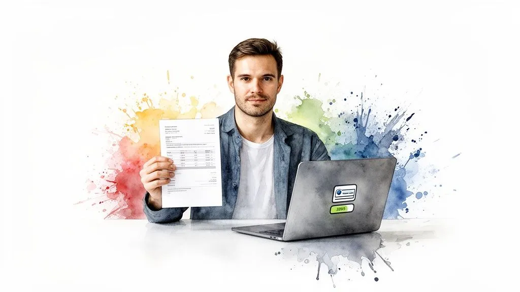 A man holds an invoice in front of a laptop, against a backdrop of colorful, vibrant splashes.