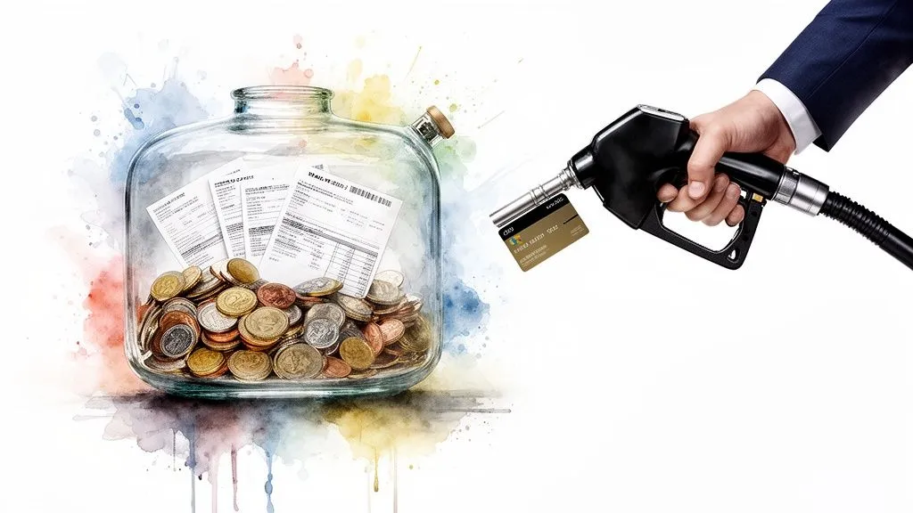 Hand holding a fuel pump and credit card, near a jar of coins and receipts, illustrating spending and savings.