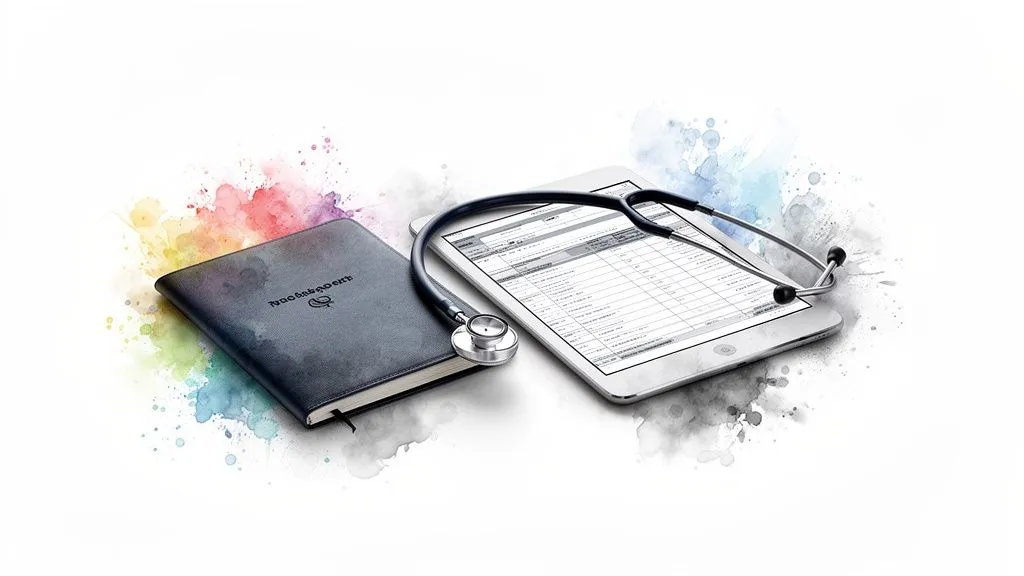 Black notebook, stethoscope and digital tablet displaying data, on a white background with colorful watercolor splashes.