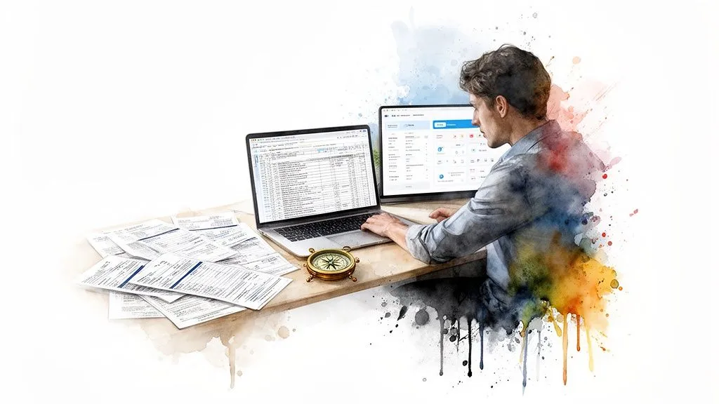 A man uses a laptop and a secondary screen displaying accounting software, with documents and a compass on a desk, in a watercolor style.