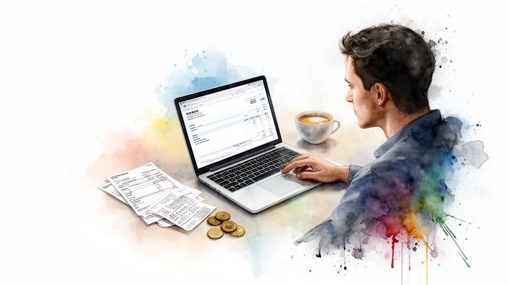 A man focused on working at a laptop with invoices, coins and a cup of coffee, watercolor style.