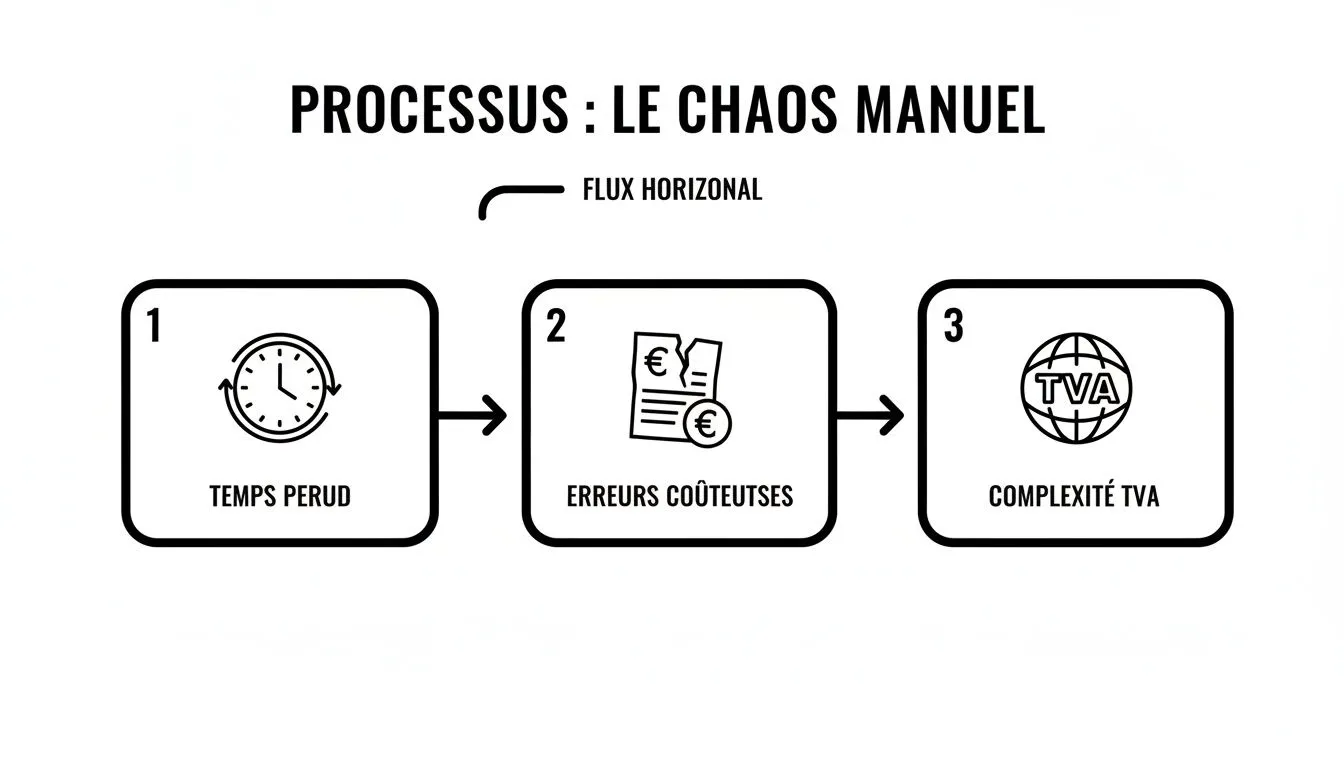 Diagram showing the stages of a chaotic manual process: wasted time, costly errors and VAT complexity.