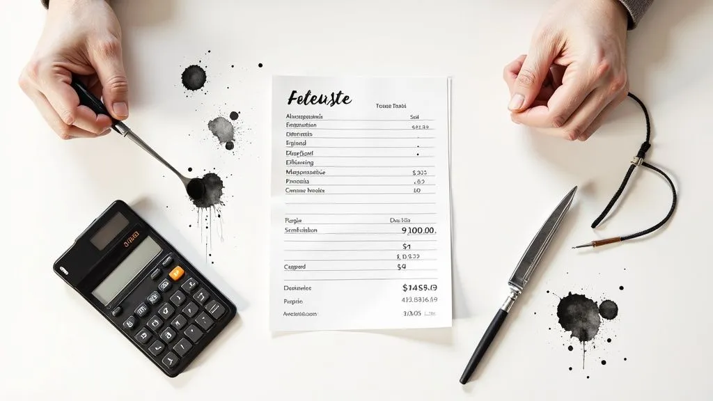 A top-down view of a person calculating an invoice balance with a calculator and pens.
