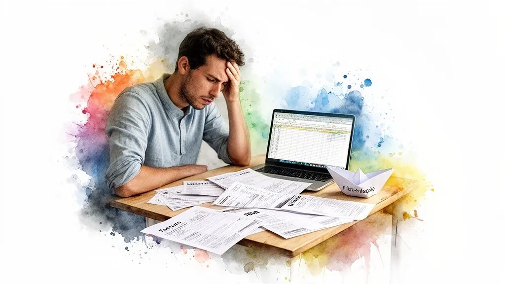 Man stressed by managing the accounts of his micro-business, surrounded by documents and a computer.