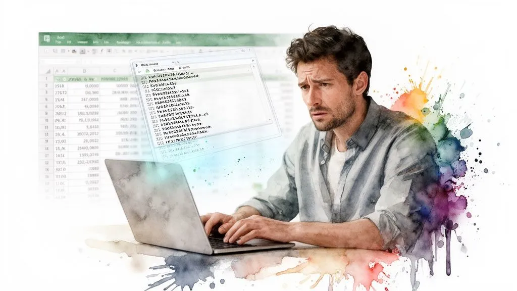 A puzzled man works on a laptop with an Excel spreadsheet and code in the background.