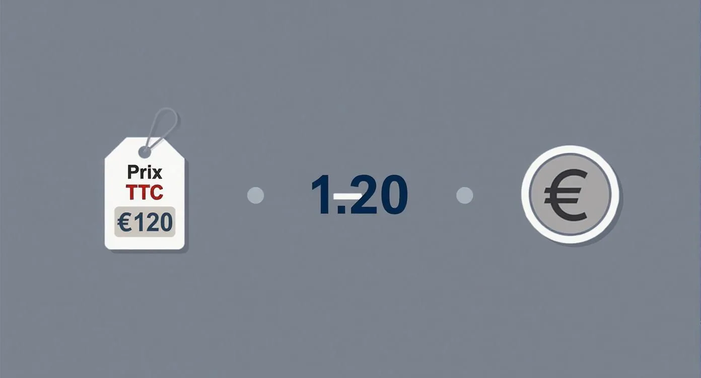 Illustration showing a €120 VAT-inclusive price tag, the number 1.20 and a euro coin, evoking a VAT calculation.