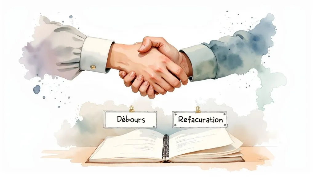 Professional handshake symbolizing an agreement between disbursements and rebilling, with open documents