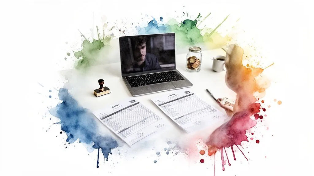 Workspace with laptop, financial documents, money and a stamp, surrounded by colorful watercolor splashes.