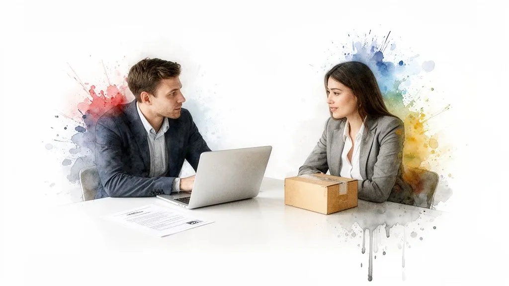 Two professionals talking at a desk, the man on a laptop and the woman holding a parcel, watercolor-style background.